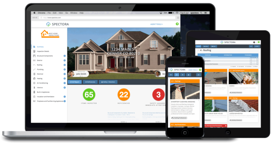 Spectora home inspection report viewed on desktop, tablet, and phone.